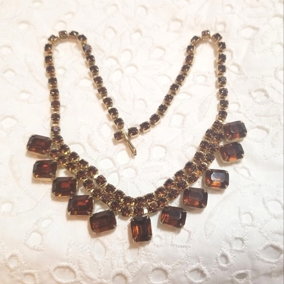Vintage Jewelry - 𝅺VTG Brown Topaz Rhinestone Choker Necklace